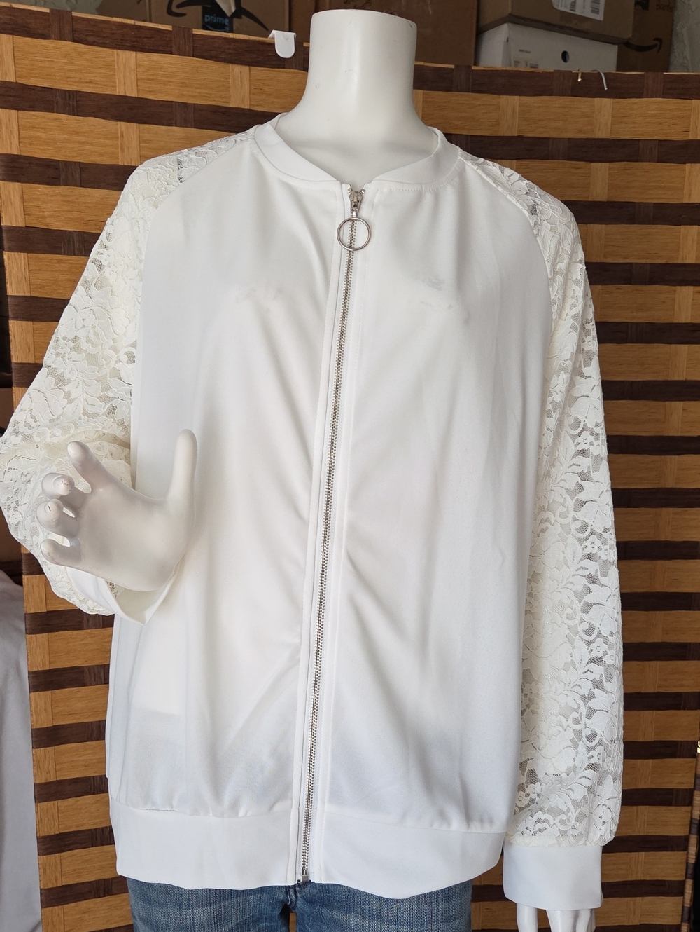 Women's White Lace-Sleeve Zip Bomber Jacket